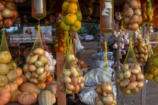 Baskets Fruits Vegetables Hanging Sale Roadside Market Interior State Sao — Stock Photo, Image