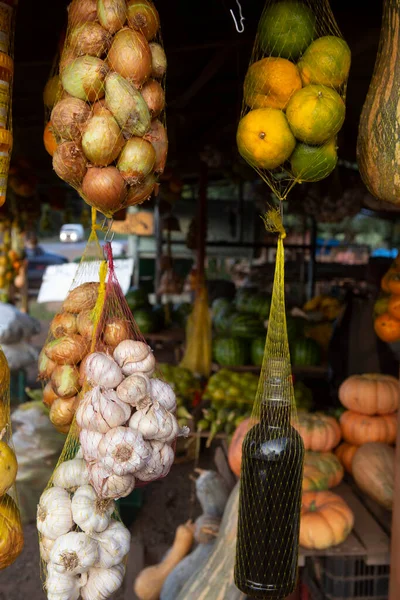 Cestas Frutas Verduras Colgadas Para Venta Mercado Carretera Interior Del — Foto de Stock
