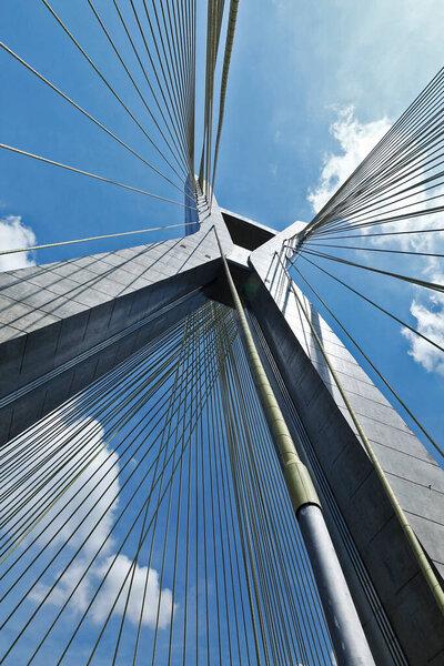 Closeup of cable stayed bridge, view from below. Marginal Pinheiros, Sao Paulo city, Brazil