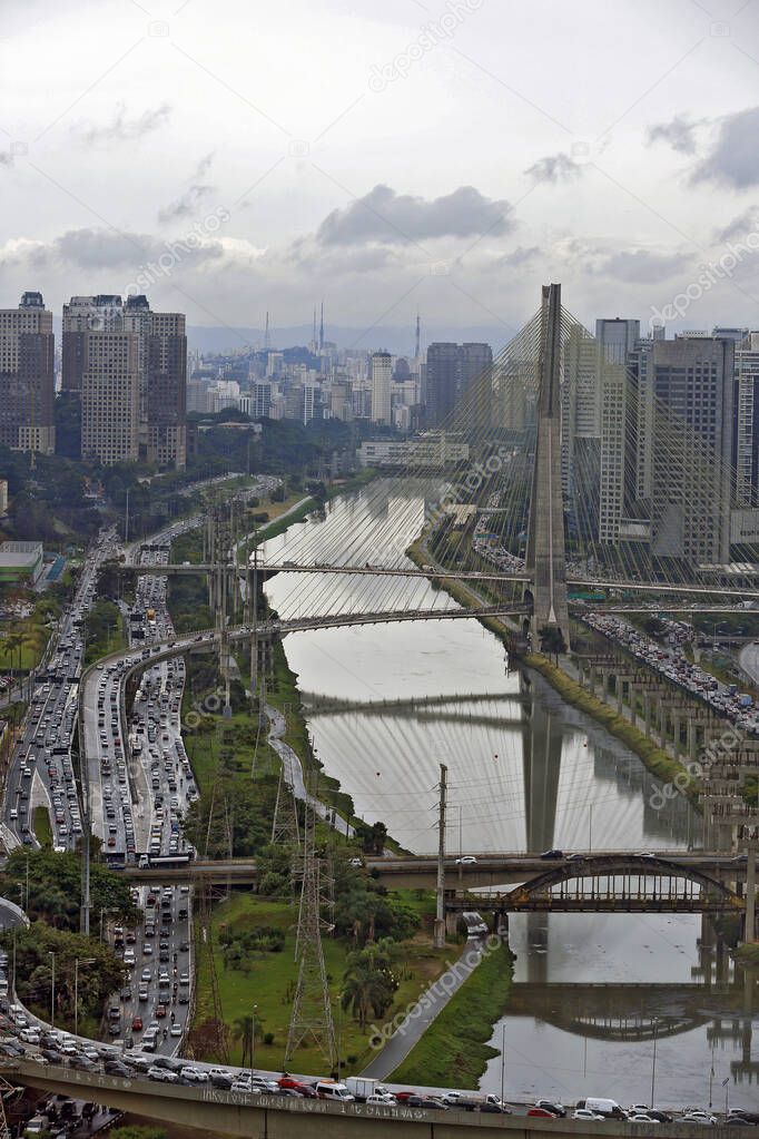 Sao Paulo city seen from above, in the region of Marginal Pinheiros, near the Estaiada Bridge