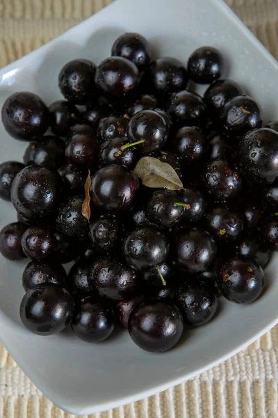 Jaboticaba Porsiyonlu Brezilya Üzümlü Beyaz Tabakta Masa Örtüsünde Brezilya — Stok fotoğraf