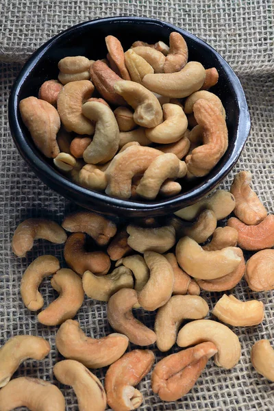 Ceramic Bowl Cashew Nuts Anacardium Occidentale Rustic Wooden Table Brazil — Stock Photo, Image