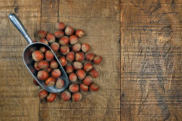 Portie Hazelnoten Rustieke Houten Tafel Ruimte Voor Tekst — Stockfoto