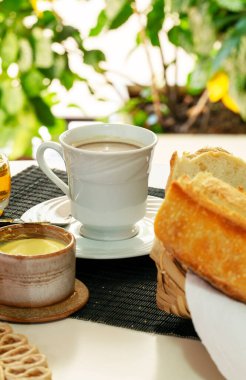 Bahçe manzaralı kahvaltı masası. Brezilya