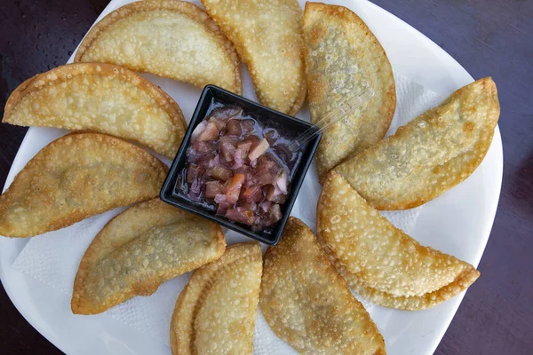 Bar Food Porzione Pastello Con Pentola Salsa Vinaigrette Rio Janeiro — Foto Stock