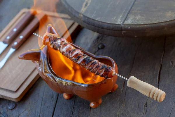 Flambe Sausage Sugarcane Liquor Cachaca Dark Wooden Table Countryside Sao — Stock Photo, Image