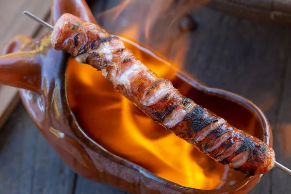 Flambe Sausage Sugarcane Liquor Cachaca Dark Wooden Table Countryside Sao — Stock Photo, Image