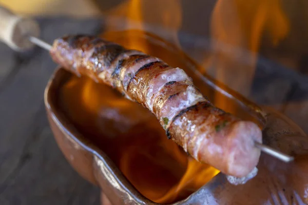 Flambe Sausage Sugarcane Liquor Cachaca Dark Wooden Table Countryside Sao — Stock Photo, Image