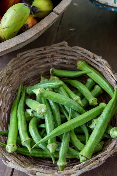 Portion Okra Wicker Basket Rustic Wooden Table Farmhouse Contryside Sao — Stock Photo, Image