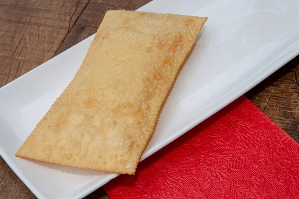 Brazilian Food Pastel Pastry English White Platter Red Napkin Rustic — Stock Photo, Image