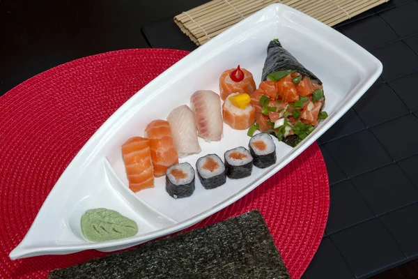 Boat Shaped Dish Varied Japanese Food Made Brazilian Way Sao — Stock Photo, Image