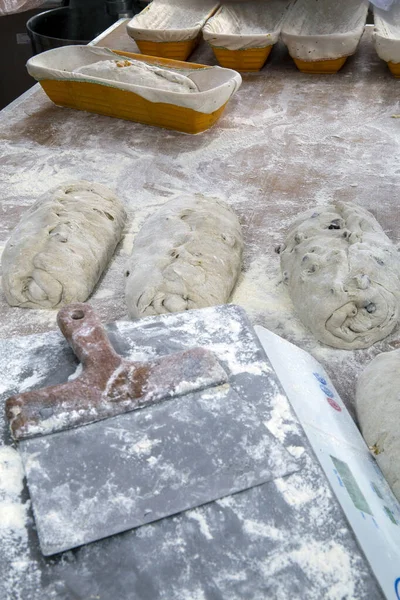 Backtheke Mit Rohen Spezialbroten Wartet Darauf Gebacken Werden — Stockfoto