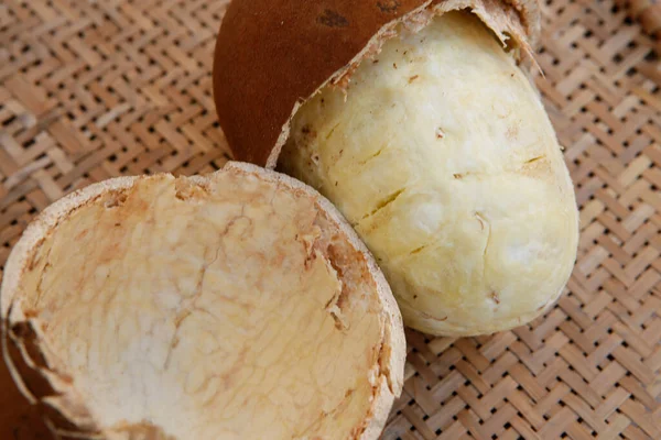 Closeup Cupuacu Fruit Broken Shell Whole Flesh Exposed Natural Texture — Stock Photo, Image