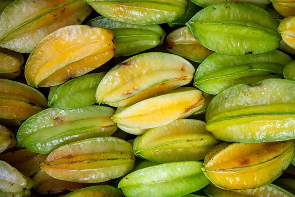 Primer Plano Pila Fruta Estrella Puesto Del Mercado Mayorista Sao — Foto de Stock