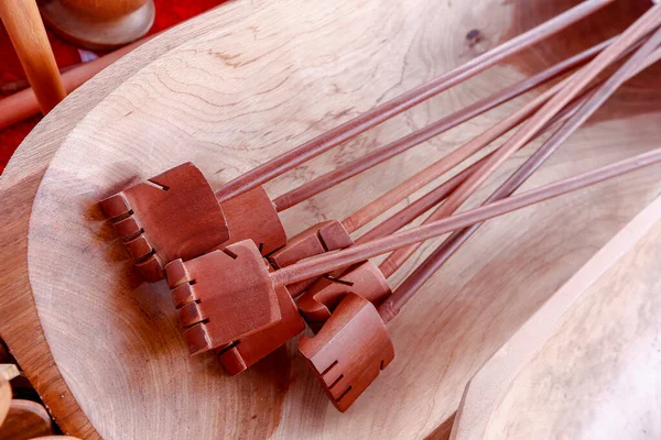 Wood Back Scraper Wooden Bowl Open Air Market Stall Sao — Stock Photo, Image