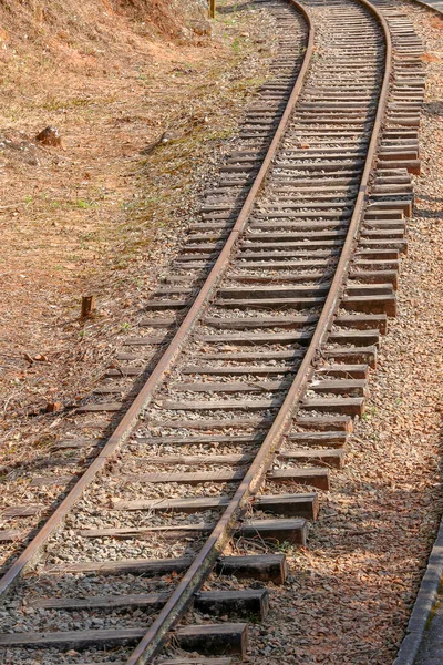 Σιδηροδρομικές Γραμμές Που Φαίνονται Από Ψηλά Καφετί Τόνους Στην Ύπαιθρο — Φωτογραφία Αρχείου