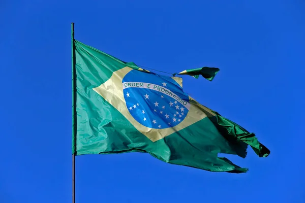Brazilian Flag Torn Strong Wind Blue Sky — Stock Photo, Image