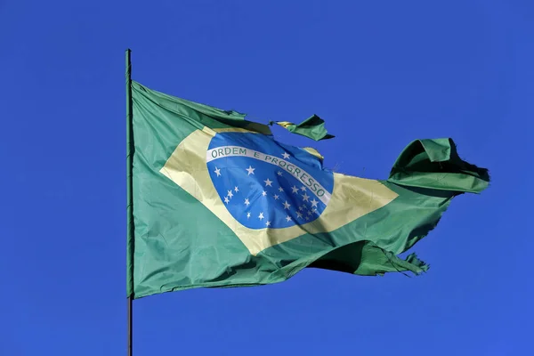 Brazilian Flag Torn Strong Wind Blue Sky — Stock Photo, Image
