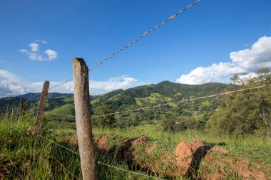 Arka planda mavi gökyüzü ve tepe ile çit ve ağaç Brezilya 'nın iç kısımlarında Mantiqueira sıradağları