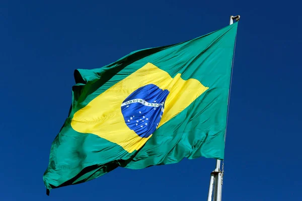 Flag Brazil Fluttering Wind Sky Intense Blue — Stock Photo, Image