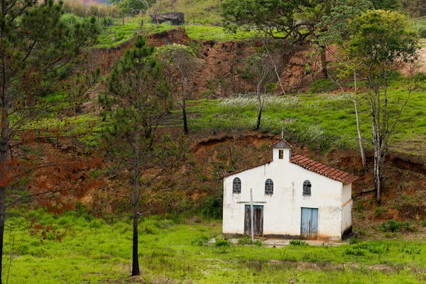 Pequena Capela Fazenda Branca Ladeada Por Pinheiros Grama Verde Estado — Fotografia de Stock
