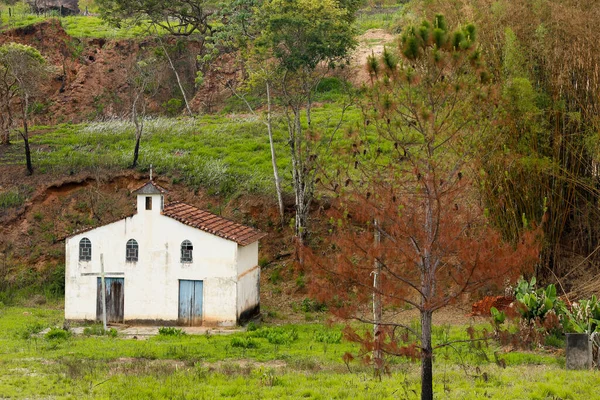 Pequena Capela Fazenda Branca Ladeada Por Pinheiros Grama Verde Estado — Fotografia de Stock