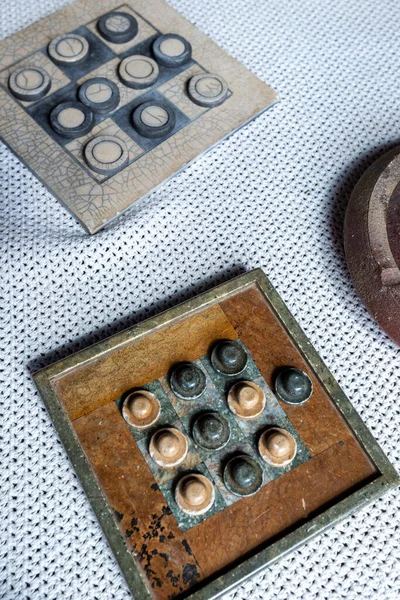 Handmade Soapstone Board Games White Crochet Tablecloth Tic Tac Toe — Stock fotografie