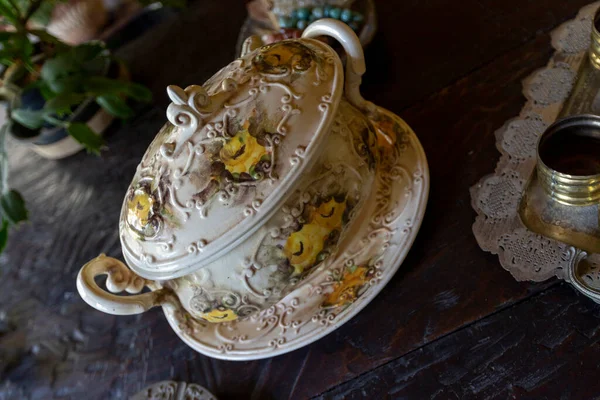 Old Porcelain Tureen Patterned Flowers Wooden Table Selective Focus — Zdjęcie stockowe