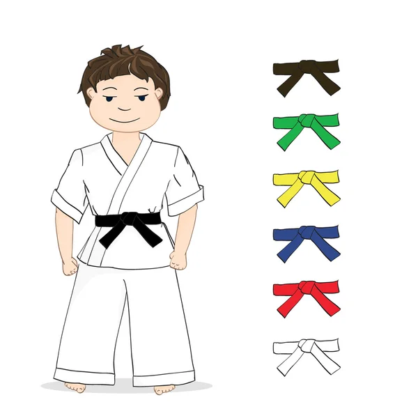 Boy karate y cinturones de colores — Archivo Imágenes Vectoriales