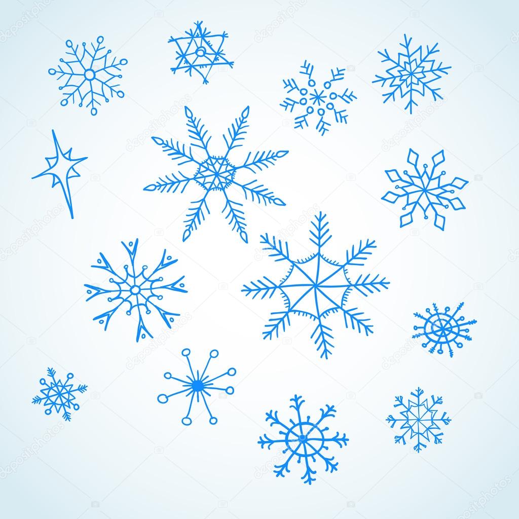 Set blue snowflakes doodle
