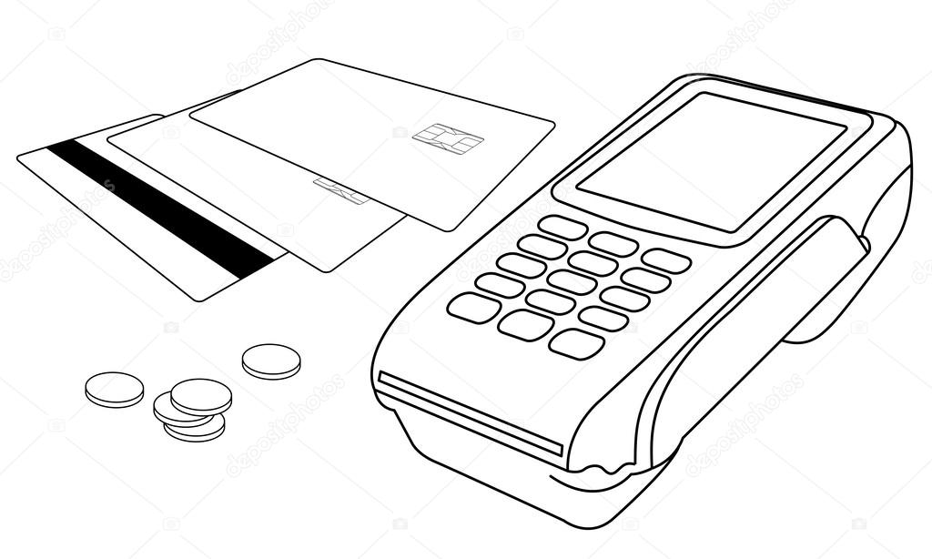 Outlines of POS terminal, credit cards and few coins