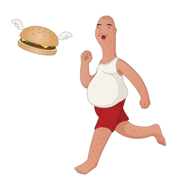 Hombre gordo persiguiendo una hamburguesa con queso — Vector de stock