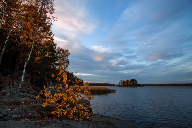 Monrepo Mon Repos Parkı 'ndaki ada. Sonbahar manzarası. Vyborg
