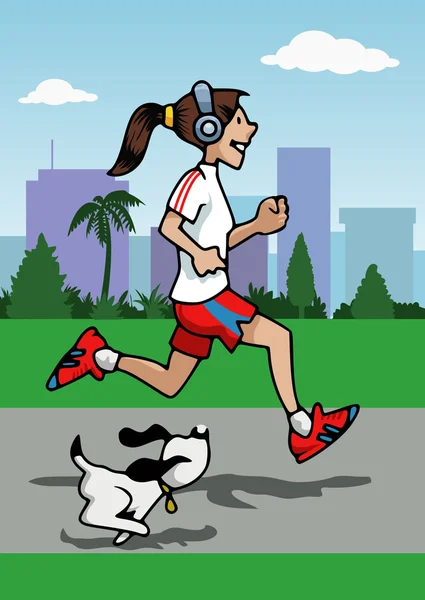 Chica corriendo con auriculares y perro — Vector de stock