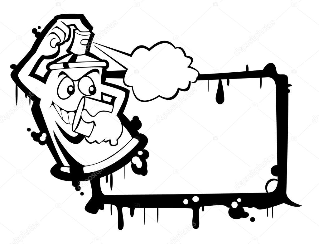 A spray can with a smiling face paints a writable frame. Black and white. Cartoon style.