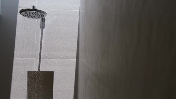 Närbild av rinnande vatten från duschhuvud i badrummet. — Stockvideo