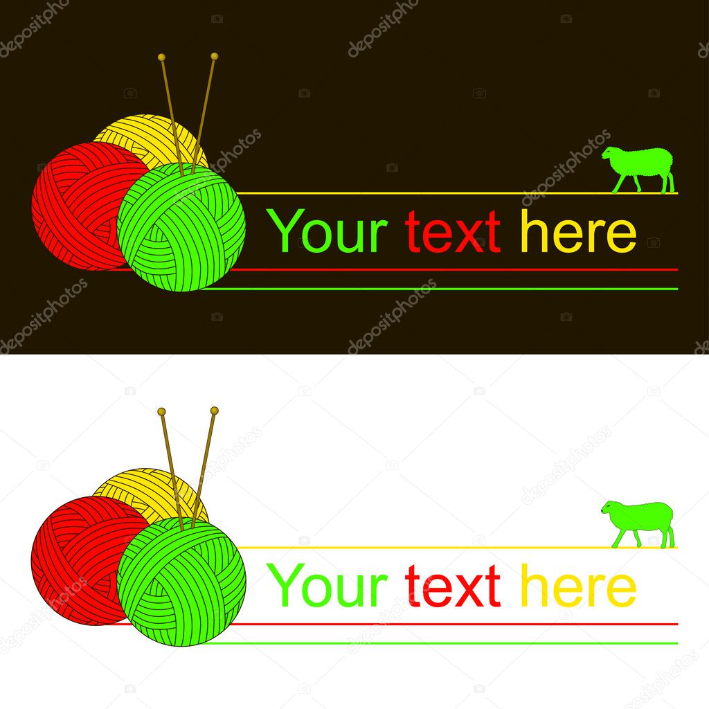 Yarn and sheep on dark brown and on white background with place for text. Template of logo-design, design element. Vector illustration.