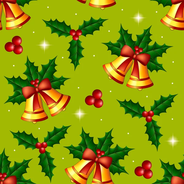 Christmas seamless pattern with holly and bells — Stock Vector