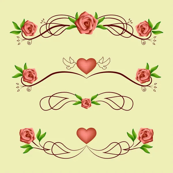 Divisores românticos caligráficos com rosas — Vetor de Stock