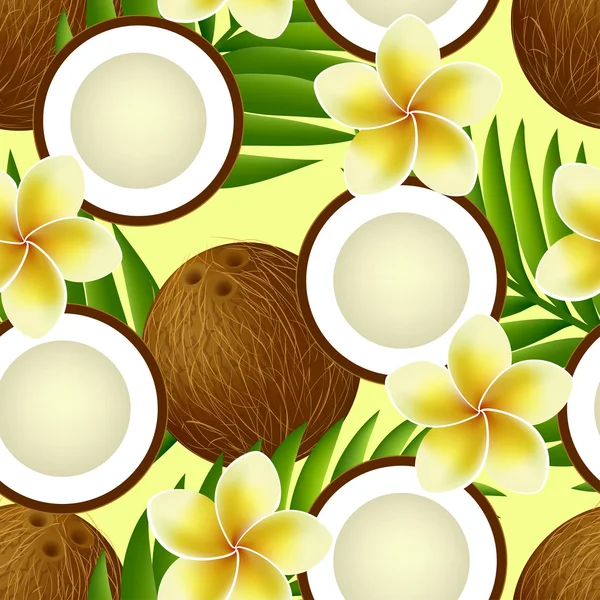 Тропический бесшовный узор с кокосом, пальмовыми листьями и цветами — стоковый вектор