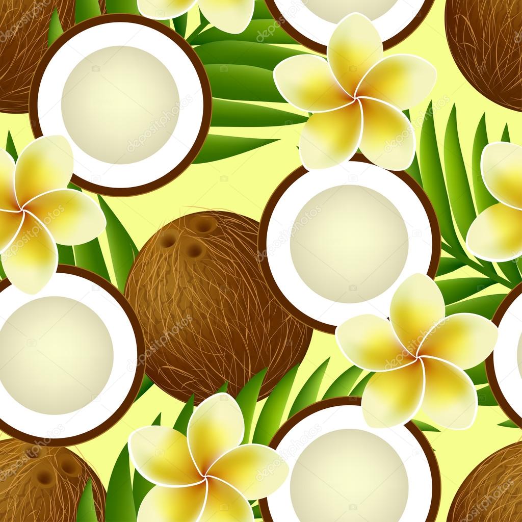 Tropical seamless pattern with coconut, palm leaves and flowers