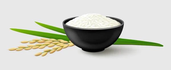 Arroz Blanco Grano Largo Tazón Negro Oreja Arroz Madura Con — Vector de stock