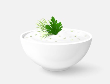 Gri arka planda otlu (maydanoz ve dereotlu) bir kase beyaz sos (Ranch veya Tzatziki). Gerçekçi vektör çizimi. Yan görünüm.