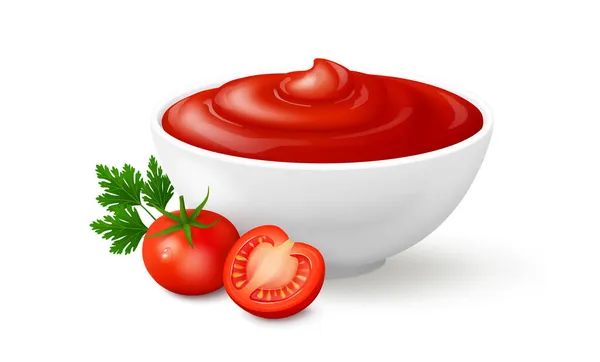 Ketchup Dans Bol Blanc Deux Tomates Cerises Aux Feuilles Persil — Image vectorielle