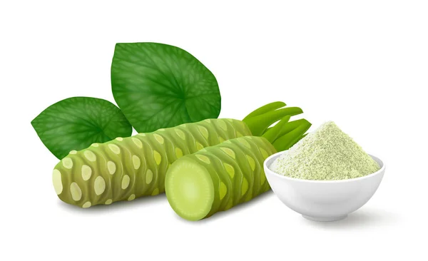 Teljes Wasabi Gyökér Fél Két Levél Természetes Halványzöld Por Fehér — Stock Vector