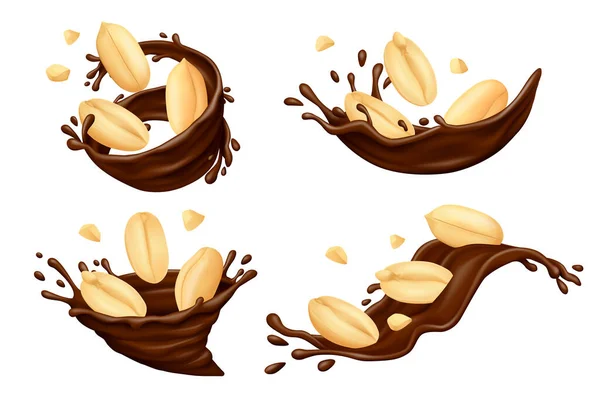 Shelled Peanut Kernels Crumbs Chocolate Splashes Isolated White Background Realistic — Stock Vector