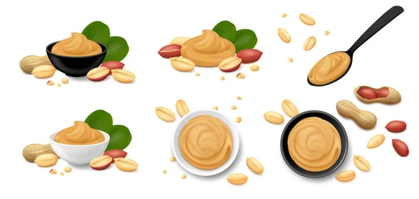 Selai Kacang Dalam Mangkuk Hitam Atau Putih Dalam Sendok Dengan Stok Ilustrasi 