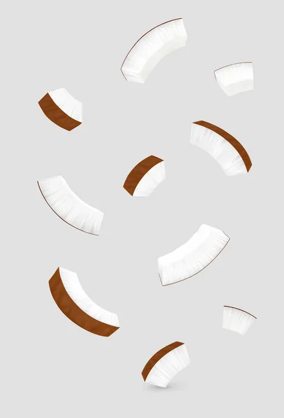 Літаючі Кокосові Шматочки Ізольовані Сірому Фоні Реалістична Векторна Ілюстрація — стоковий вектор