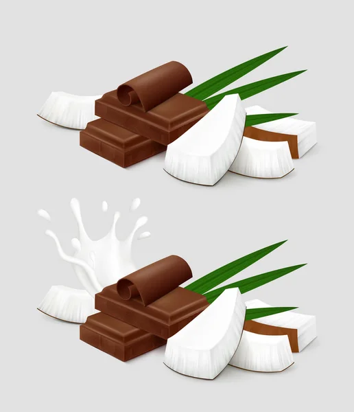 一片巧克力和椰子 有棕榈叶和牛奶溅在灰色背景上 现实的矢量说明 侧视图 — 图库矢量图片
