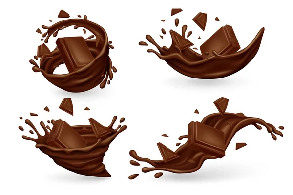 Chocolate Splashes Pieces Isolated White Background Realistic Vector Illustration — Stock Vector